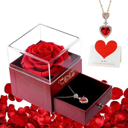  Preserved Real Rose with Red Heart Necklace