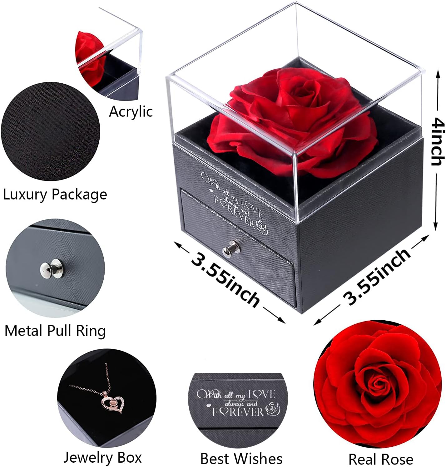 Preserved Real Rose with I Love You Necklace