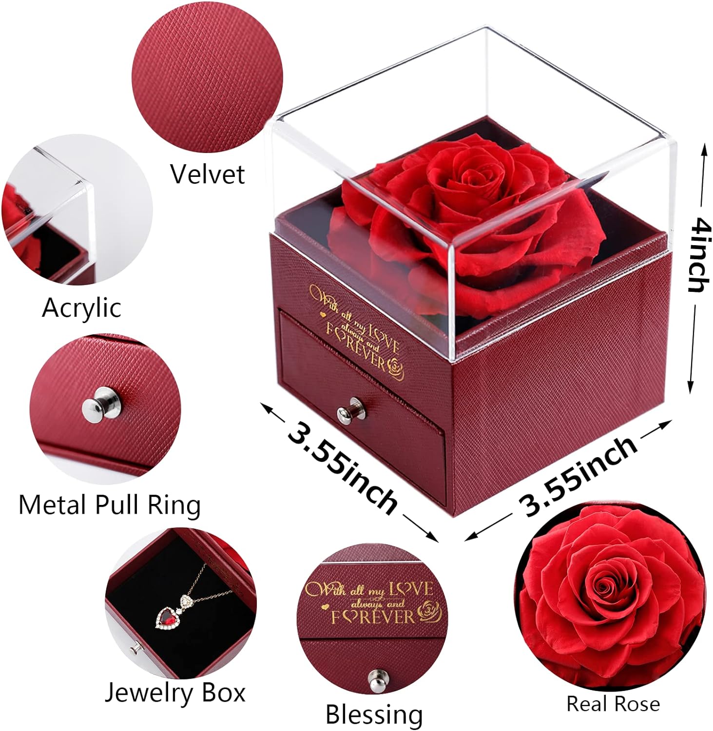  Preserved Real Rose with Red Heart Necklace