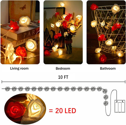 Valentines Day Decor - 10Ft Red and White Rose Lights, 20 LED Battery Operated String Lights for Anniversary, Engagement, Wedding, Birthday - Romantic Home Room Decorations