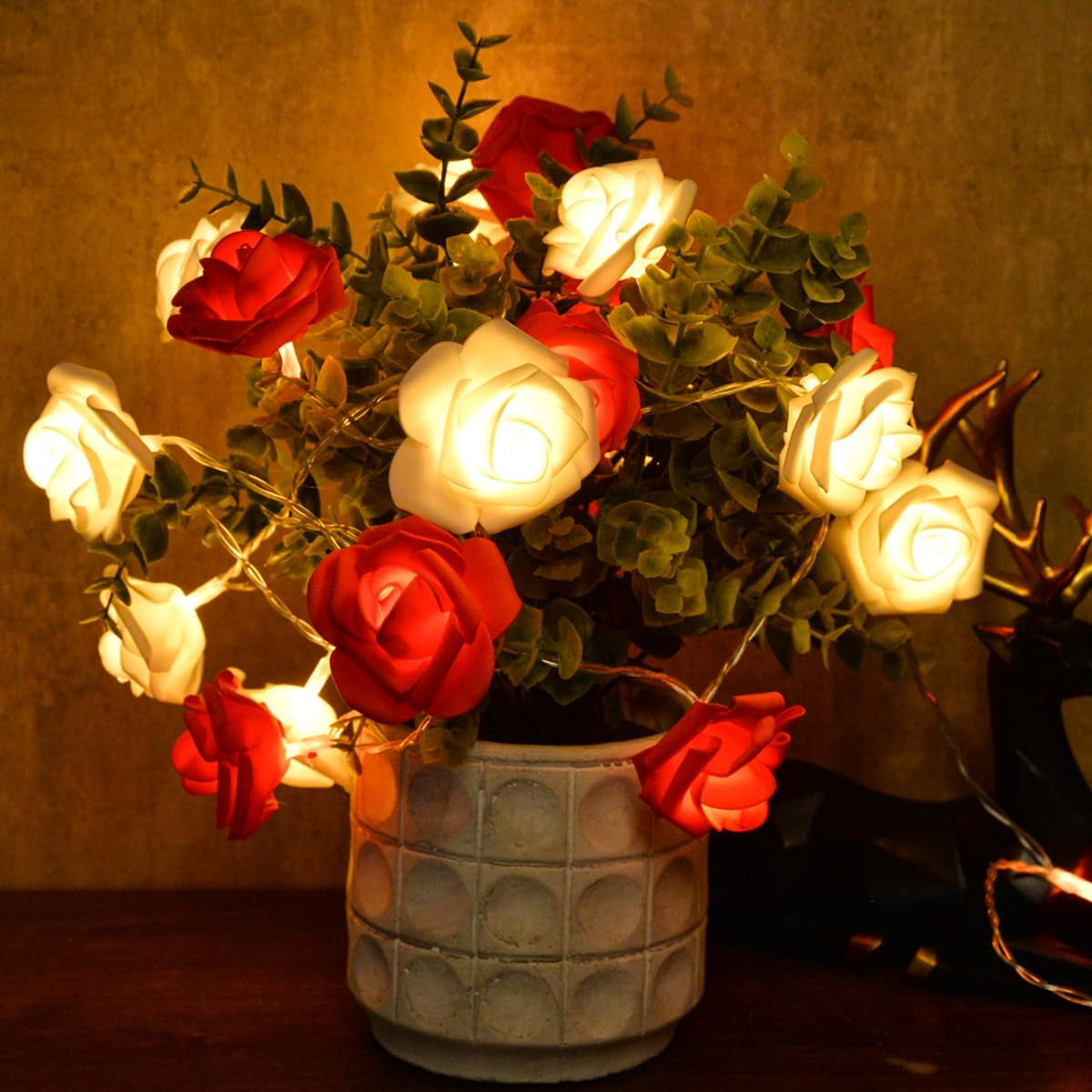 Valentines Day Decor - 10Ft Red and White Rose Lights, 20 LED Battery Operated String Lights for Anniversary, Engagement, Wedding, Birthday - Romantic Home Room Decorations